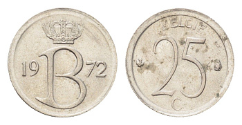 Бельгия 25 сантимов 1972 Belgie, Бодуэн I (1951-1993) KM 154 медно-никель 4705-356