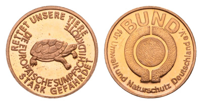 ФРГ медаль из серии Союз охраны окружающей среды и природы Германии (BUND) - Европейская прудовая черепаха 1980-ые Спасите наших животных – животные, находящиеся под угрозой исчезновения в Германии, диаметр 18 мм, вес 2,3 гр алюминий плакированный медью U