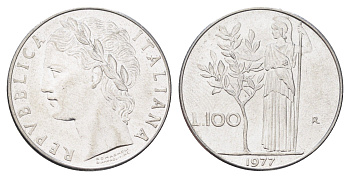 Италия 100 лир 1977 R, Афина в доспехах KM 96.1 нержавеющая сталь 4704-744