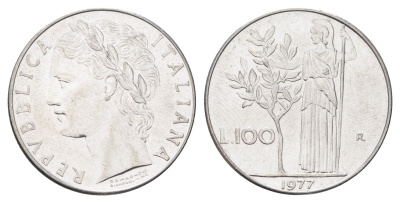Италия 100 лир 1977 R, Афина в доспехах KM 96.1 нержавеющая сталь 4704-744