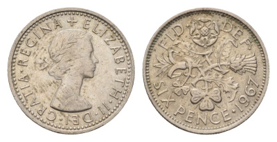 Великобритания 6 пенсов 1967 Елизавета II (1952-2022) KM 903, Spink 4149 медно-никель 4708-349