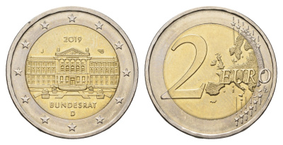 Германия 2 евро 2019 D, 70 лет Бундесрату KM 377 биметалл UNC 4695-147