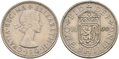 Великобритания 1 шиллинг 1960 Елизавета II (1952-2022), Шотландский герб KM 905, Spink 4148 медно-никель 4595-835