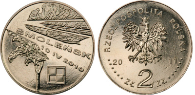 Польша 2 злотых 2011 MW, авиакатастрофа президентского самолета в Смоленске 10.IV.2010 KM 769 нордик UNC 4511-1121