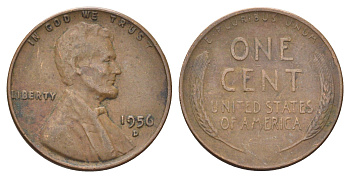 США 1 цент 1956 D, Линкольн KM 132 бронза 4697-1229