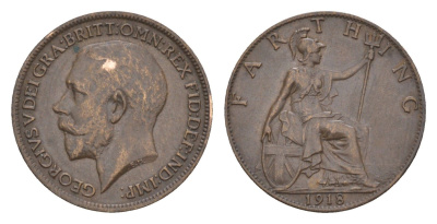 Великобритания 1 фартинг 1918 Георг V (1910-1936) KM 808.1, Spink 4059 бронза 4658-944
