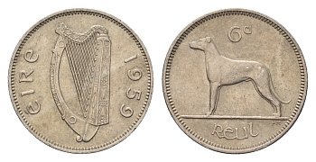 Ирландия 6 пенсов 1959 собака, ирландский волкодав KM 13a медно-никель 4696-521
