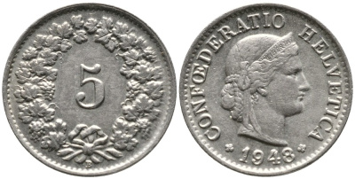ШВЕЙЦАРИЯ 5 РАППЕНОВ 1948 KM 26 медно-никель 4528-635