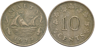 Мальта 10 центов 1972 баржа Великого магистра KM 11 медно-никель 82-335