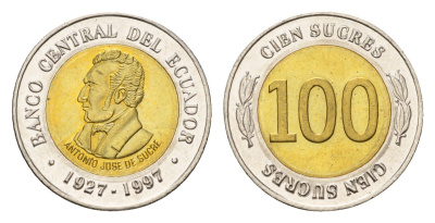 Эквадор 100 сукре 1997 70 лет Центробанку KM 101 биметалл UNC 4697-435