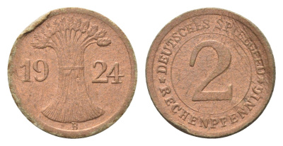 Германия игровой жетон в 2 рентенпфеннига 1924 диаметр 20 мм, вес 0,4 гр картон 4702-958