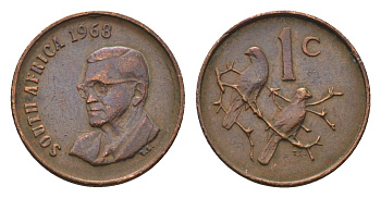 ЮАР 1 цент 1968 Окончание президентства Чарльза Сварта, South Africa, легенда на английском KM 74.1 бронза 4690-1049