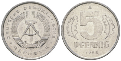 ГДР 5 пфеннигов 1988 A КМ 9.2 алюминий 3458-1263