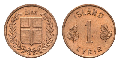 Исландия 1 эйре 1966 KM 8 бронза UNC 4696-251