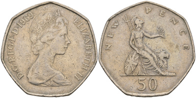 Великобритания 50 пенсов 1969 Елизавета II (1952-2022) KM 913, Spink 4223 (H1) медно-никель    59-222