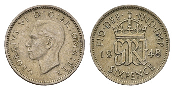 Великобритания 6 пенсов 1948 Георг VI (1936-1952) KM 862, Spink 4105 медно-никель 4708-344