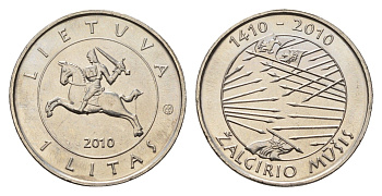 Литва 1 лит 2010 600 лет Грюнвальдской битве KM 172 медно-никель UNC 4695-417