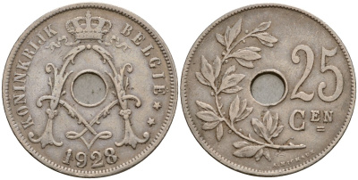 Бельгия 25 сантимов 1928 Belgie KM 69 медно-никель 33-1144