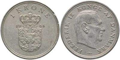 ДАНИЯ 1 КРОНА 1968 C; S, ФРЕДЕРИК IX (1947-1972) KM 851.1 медно-никель 24-742
