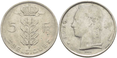 БЕЛЬГИЯ 5 ФРАНКОВ 1976 BELGIQUE, БОДУЭН I (1951-1993) KM 134.1 медно-никель 119-741