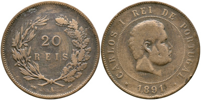 Португалия 20 рейсов 1891 А, Карлуш I (1889-1908) KM 533 бронза 74-434
