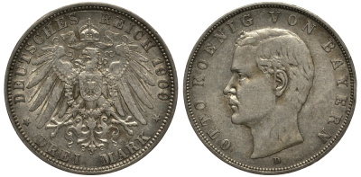 Бавария 3 марки 1909 Отто (1886-1913) Weege 45, J. 47, KM 515 серебро 3711-1932