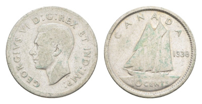 Канада 10 центов 1938 Георг VI (1936-1952), парусник, редкий год KM 34 серебро 4639-539