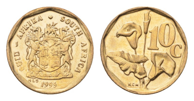 ЮАР 10 центов 1995 герб, цветок алоэ KM 135 сталь плакированная бронзой UNC 4694-722