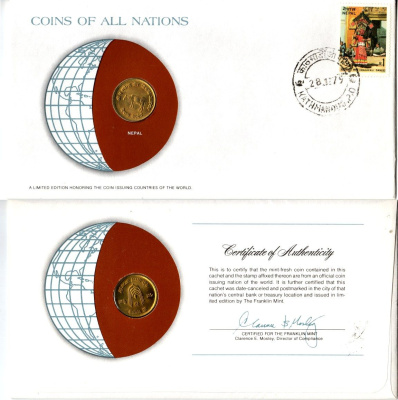 Непал 10 пайс 1971 ФАО, конверт с маркой первого дня гашения, Coins of Nations KM 766 латунь UNC 4295-2-2