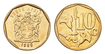 ЮАР 10 центов 1999 герб, цветок алоэ KM 161 сталь плакированная бронзой UNC 4694-754