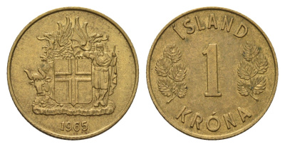 Исландия 1 крона 1965 KM 12a никель латунь aUNC 4691-437