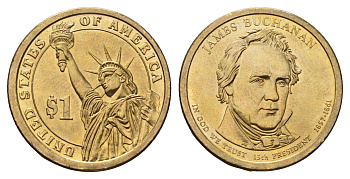 США 1 доллар 2010 P, Президент США - Джеймс Бьюкенен (1857-1861) KM 477 медь с марганцево-латунным покрытием UNC 4698-932