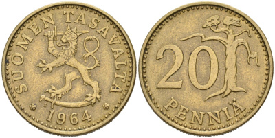 ФИНЛЯНДИЯ 20 ПЕННИ 1964 S KM 47 алюминиевая бронза 4563-257