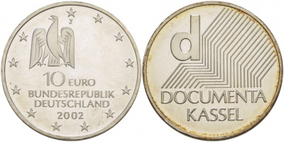 ФРГ 10 евро 2002 J, выставка документов в Касселе KM 217, DE. S. 10.3 серебро UNC 1082-9-23