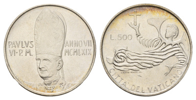 Ватикан 500 лир 1969 MCMLXIX, год-тип KM 115 серебро UNC 11-134-25