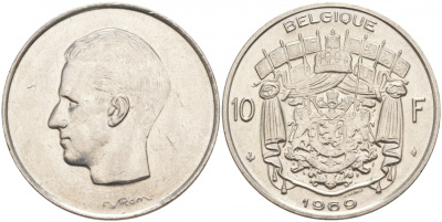 Бельгия 10 франков 1969 Belgique, Бодуэн I (1951-1993) KM 155.1 никель 69-233