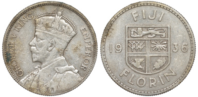 Фиджи 1 флорин 1936 Георг V (1910-1936), герб Фиджи KM 5 серебро    1531-931
