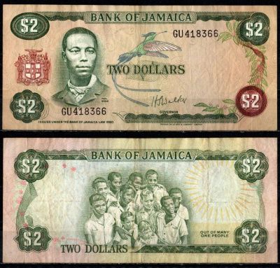 Ямайка 2 доллара 1960 (1976) Pick 60 b бумага 7183-5-2-2