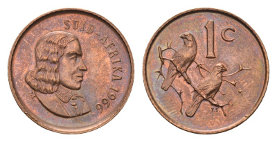 ЮАР 1 цент 1966 Ян ван Рибек (1619-1677), Suid Africa, легенда на африкаанс, капские воробьи KM 65.2 бронза UNC 4690-1055