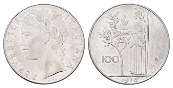 Италия 100 лир 1976 R, Афина в доспехах KM 96.1 нержавеющая сталь 4704-727