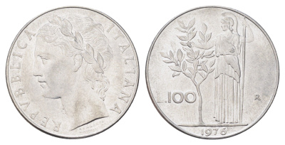 Италия 100 лир 1976 R, Афина в доспехах KM 96.1 нержавеющая сталь 4704-727