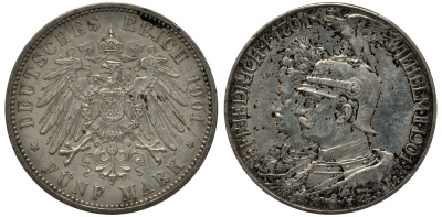 Пруссия 5 марок 1901 A, 200 лет Прусской королевской династии (Фридрих I - Вильгельм II) KM 526, J.106 серебро aUNC 3711-345