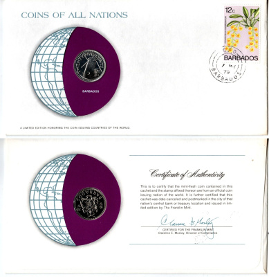Барбадос 25 центов 1979 конверт с маркой первого дня гашения, Coins of Nations KM 13 медно-никель BU 4295-8-2