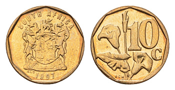 ЮАР 10 центов 1997 герб, цветок алоэ KM 161 сталь плакированная бронзой UNC 4694-734