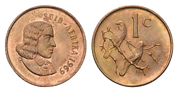 ЮАР 1 цент 1969 Ян ван Рибек (1619-1677), Suid Africa, легенда на африкаанс, капские воробьи KM 65.2 бронза UNC 4690-928