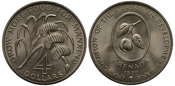 Гренада 4 доллара 1970 FAO, открытие Карибского Банка Развития KM 15 медно-никель UNC 272-441