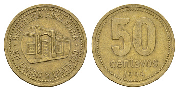 Аргентина 50 сентаво 1994 здание конгресса Тукумана, узкие буквы KM 111.1, CJ 5, Schon 112 алюминиевая бронза 4703-752