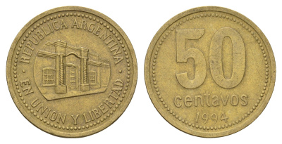 Аргентина 50 сентаво 1994 здание конгресса Тукумана, узкие буквы KM 111.1, CJ 5, Schon 112 алюминиевая бронза 4703-752
