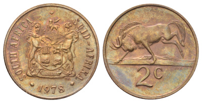 ЮАР 2 цента 1978 герб, антилопа гну KM 83 бронза UNC 4695-1043
