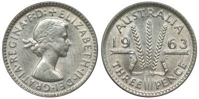 Австралия 3 пенса 1963 m, Елизавета II (1952-2022) KM 57 серебро 71-834